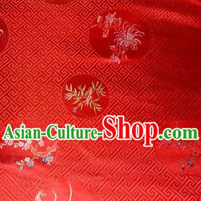 Chinese Traditional Silk Fabric Plum Blossom Orchid Bamboo Chrysanthemum Pattern Tang Suit Red Brocade Cloth Cheongsam Material Drapery