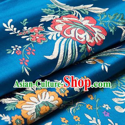 Chinese Traditional Begonia Pattern Tang Suit Blue Brocade Fabric Silk Cloth Cheongsam Material Drapery
