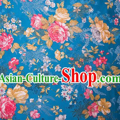 Chinese Traditional Peony Flowers Pattern Tang Suit Blue Brocade Fabric Silk Cloth Cheongsam Material Drapery