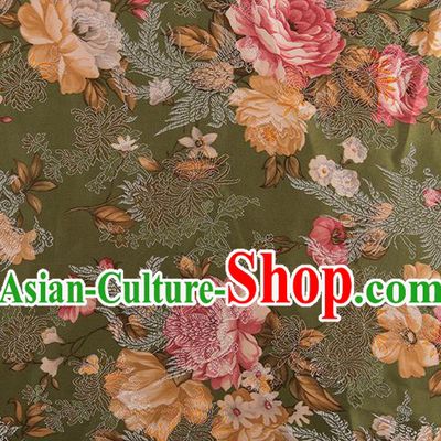 Chinese Traditional Peony Flowers Pattern Tang Suit Olive Green Brocade Fabric Silk Cloth Cheongsam Material Drapery