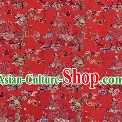 Chinese Traditional Hundred Children Pattern Tang Suit Red Brocade Fabric Silk Cloth Cheongsam Material Drapery