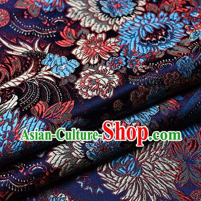 Chinese Traditional Tang Suit Navy Brocade Fabric Peony Pattern Silk Cloth Cheongsam Material Drapery