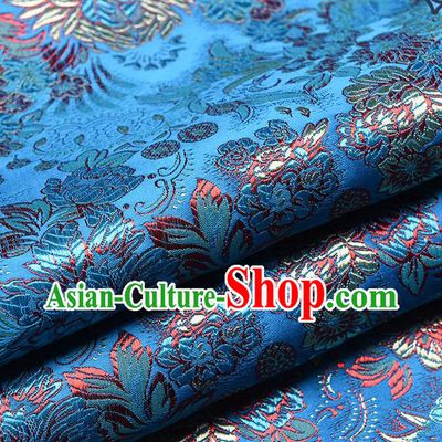 Chinese Traditional Tang Suit Blue Brocade Fabric Peony Pattern Silk Cloth Cheongsam Material Drapery