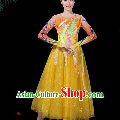 Professional Modern Dance Costume Chorus Folk Dance Yellow Veil Dress for Women