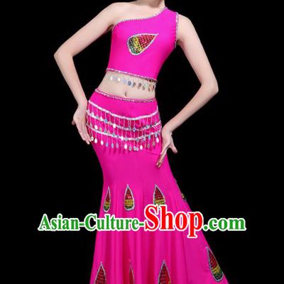Chinese Traditional Peacock Dance Rosy Dress Dai Minority Folk Dance National Costume for Women