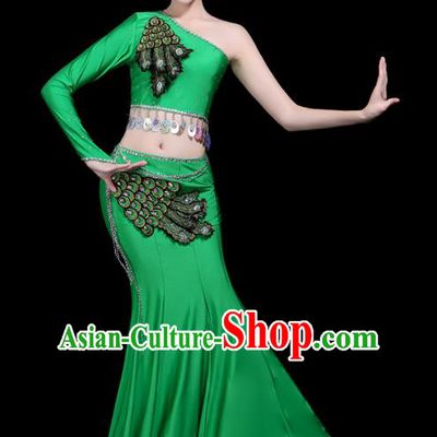 Chinese Traditional Peacock Dance Green Dress Dai Minority Folk Dance National Costume for Women