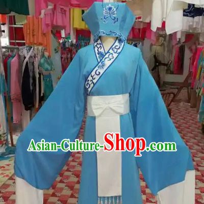 Chinese Traditional Beijing Opera Scholar Blue Robe Peking Opera Niche Costume and Hat for Adults