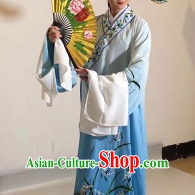 Chinese Traditional Beijing Opera Scholar Costume Peking Opera Embroidered Orchid Blue Robe for Adults