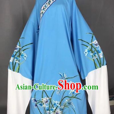 Chinese Traditional Beijing Opera Scholar Embroidered Orchid Blue Robe Peking Opera Niche Costume for Adults