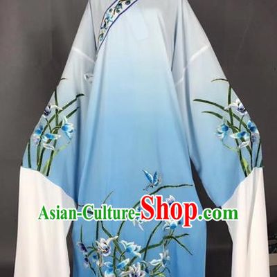 Chinese Traditional Beijing Opera Scholar Embroidered Orchid Gradient Blue Robe Peking Opera Niche Costume for Adults