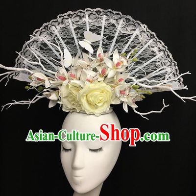 Top Halloween White Lace Hair Accessories Stage Show Chinese Traditional Catwalks Headpiece for Women