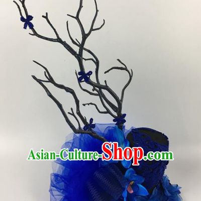 Top Halloween Catwalks Hair Accessories Stage Show Blue Veil Top Hat Headdress for Women