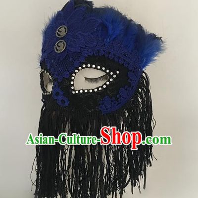 Top Halloween Stage Show Accessories Blue Feather Tassel Mask Brazilian Carnival Catwalks Face Masks