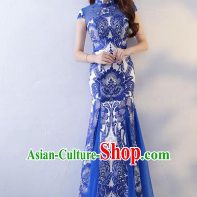Chinese Traditional Qipao Dress Classical Costume Blue Veil Cheongsam for Women