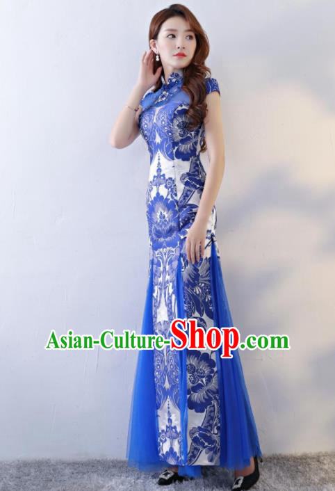 Chinese Traditional Qipao Dress Classical Costume Blue Veil Cheongsam for Women Chinese Traditional Qipao Dress Classical Costume Blue Veil Cheongsam for Women