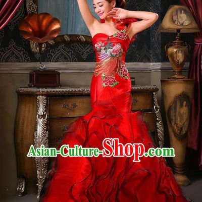 Chinese Traditional Qipao Dress Classical Costume Red Full Dress for Women