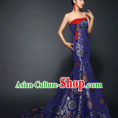 Chinese Traditional Qipao Dress Classical Costume Royalblue Satin Trailing Full Dress for Women