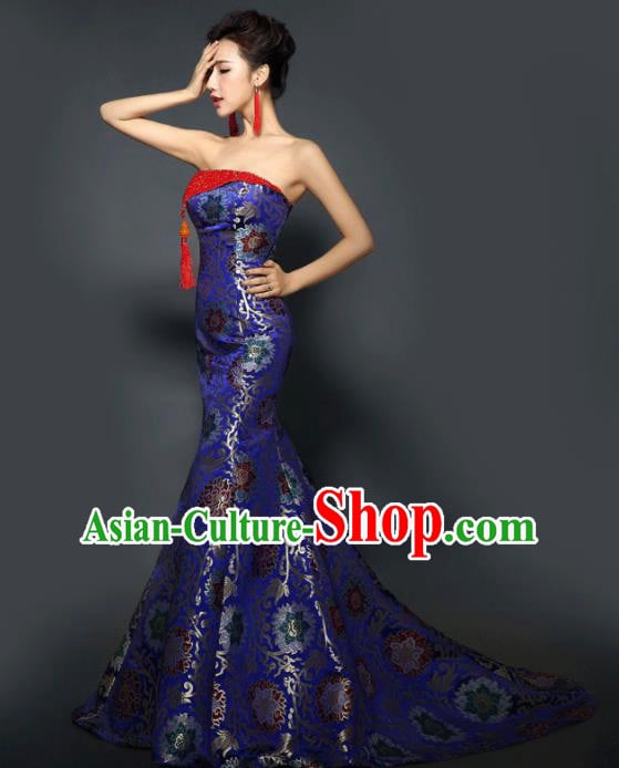 Chinese Traditional Qipao Dress Classical Costume Royalblue Satin Trailing Full Dress for Women Chinese Traditional Qipao Dress Classical Costume Royalblue Satin Trailing Full Dress for Women