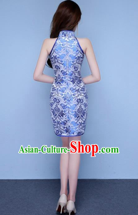 Chinese Traditional Qipao Dress Classical Costume Blue Short Cheongsam for Women Chinese Traditional Qipao Dress Classical Costume Blue Short Cheongsam for Women
