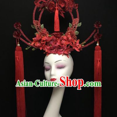 Chinese Stage Show Red Flowers Hair Accessories Traditional Catwalks Palace Headdress for Women