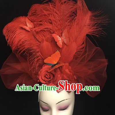 Top Brazilian Carnival Stage Show Headpiece Halloween Catwalks Red Feather Hair Accessories for Women