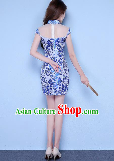 Chinese Traditional Short Qipao Dress Classical Costume Blue Cheongsam for Women Chinese Traditional Short Qipao Dress Classical Costume Blue Cheongsam for Women