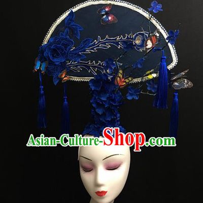 Chinese Stage Show Royalblue Peony Hair Accessories Traditional Catwalks Palace Headdress for Women