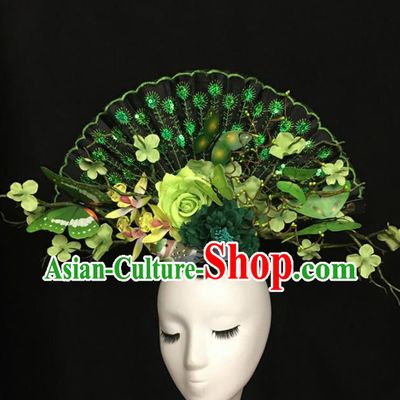 Chinese Stage Show Green Butterfly Peony Hair Accessories Traditional Catwalks Palace Headdress for Women