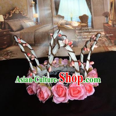 Top Brazilian Carnival Stage Show Headpiece Halloween Catwalks Pink Roses Royal Crown for Women