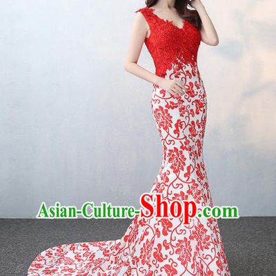Chinese Traditional Elegant Red Lace Qipao Dress Classical Costume Mermaid Cheongsam for Women
