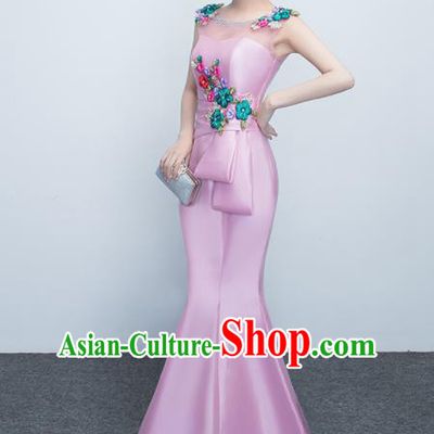 Top Stage Show Costumes Catwalks Compere Pink Satin Full Dress for Women
