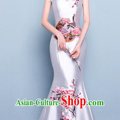 Chinese Traditional Elegant Magnolia Qipao Dress Classical Costume White Cheongsam for Women