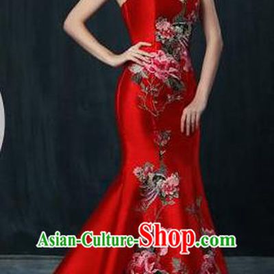 Top Stage Show Chorus Costumes Catwalks Compere Red Wedding Trailing Full Dress for Women