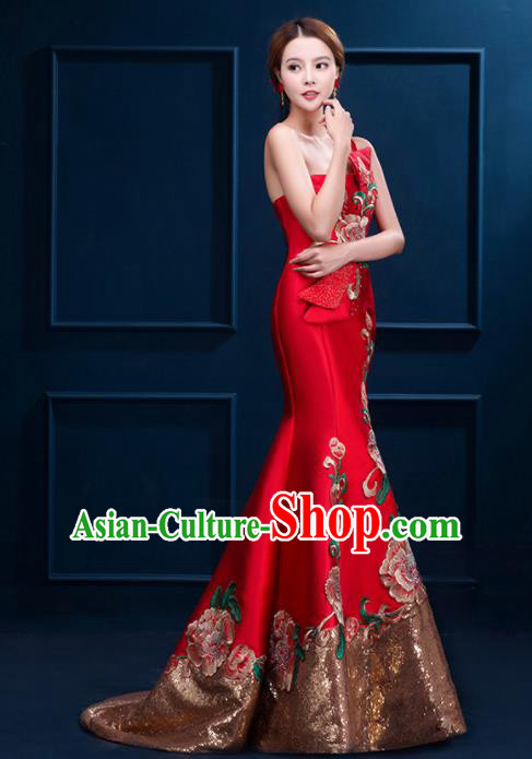 Chinese Traditional Elegant Trailing Qipao Dress Classical Costume Red Cheongsam for Women Chinese Traditional Elegant Trailing Qipao Dress Classical Costume Red Cheongsam for Women