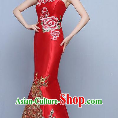 Chinese Traditional Embroidered Peony Red Qipao Dress Classical Costume Elegant Cheongsam for Women