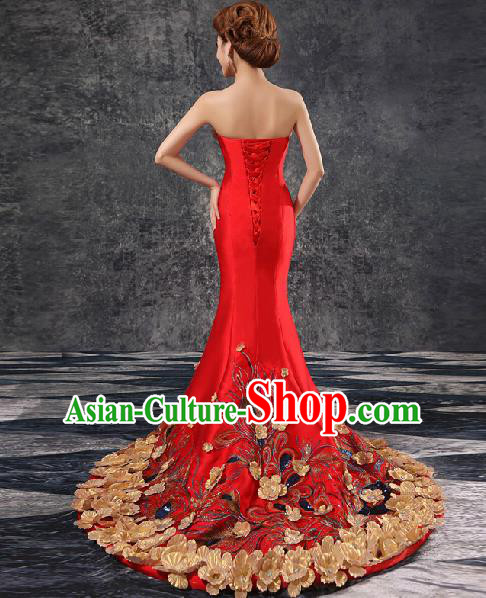 Chinese Traditional Wedding Trailing Qipao Dress Classical Costume Elegant Red Cheongsam for Women Chinese Traditional Wedding Trailing Qipao Dress Classical Costume Elegant Red Cheongsam for Women
