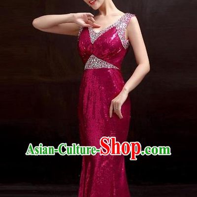 Top Stage Show Chorus Costumes Catwalks Compere Rosy Paillette Full Dress for Women