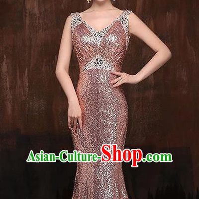Top Stage Show Chorus Costumes Catwalks Compere Pink Paillette Full Dress for Women