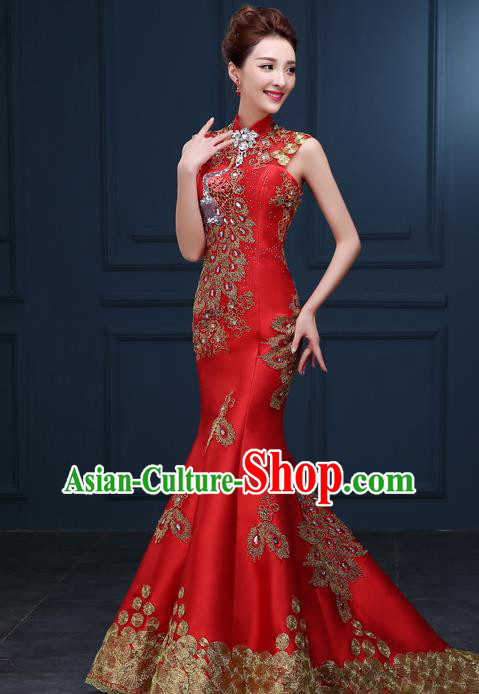 Chinese Traditional Elegant Wedding Qipao Dress Classical Costume Red Mermaid Cheongsam for Women Chinese Traditional Elegant Wedding Qipao Dress Classical Costume Red Mermaid Cheongsam for Women