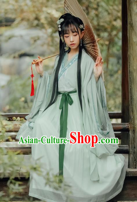 Chinese Jin Dynasty Swordswoman Green Hanfu Dress Ancient Peri Costumes Complete Set