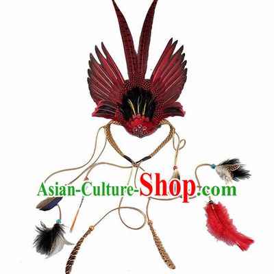 Top Halloween Apache Knight Red Feather Headpiece Carnival Catwalks Primitive Tribe Headwear