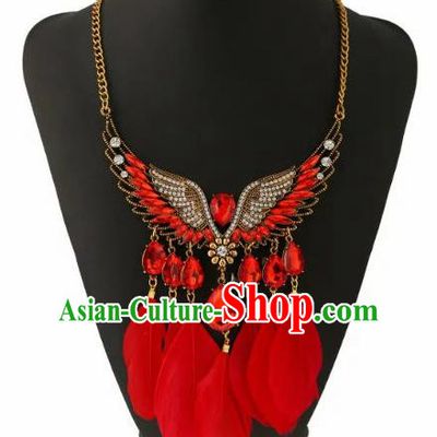 Handmade Baroque Red Feather Necklace Stage Show Dance Necklet Accessories for Women