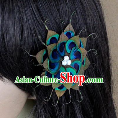 Handmade Green Feather Hair Accessories Stage Show Peacock Feather Hair Claw for Women
