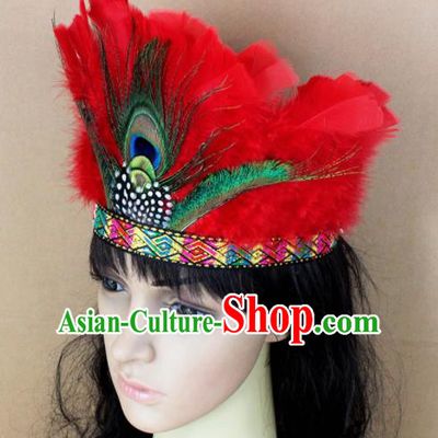 Top Rio Carnival Dance Hair Accessories Primitive Tribe Apache Knight Red Feather Headwear for Adults
