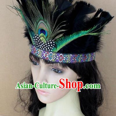 Top Rio Carnival Dance Hair Accessories Primitive Tribe Apache Knight Black Feather Headwear for Adults
