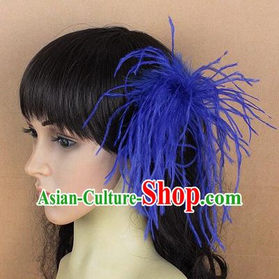 Handmade Carnival Blue Ostrich Feather Hair Claw Miami Stage Show Feather Hair Accessories for Women