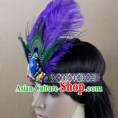 Top Rio Carnival Dance Purple Feather Hair Accessories Primitive Tribe Apache Knight Headwear for Adults