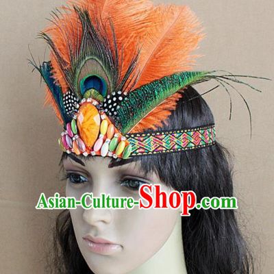 Top Rio Carnival Dance Orange Feather Hair Accessories Primitive Tribe Apache Knight Headwear for Adults
