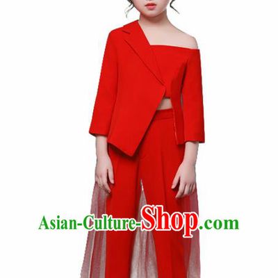 Children Modern Dance Costume Opening Dance Compere Catwalks Performance Red Suits for Girls Kids