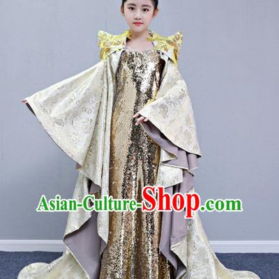 Children Modern Dance Costume Court Dance Compere Golden Trailing Full Dress for Girls Kids